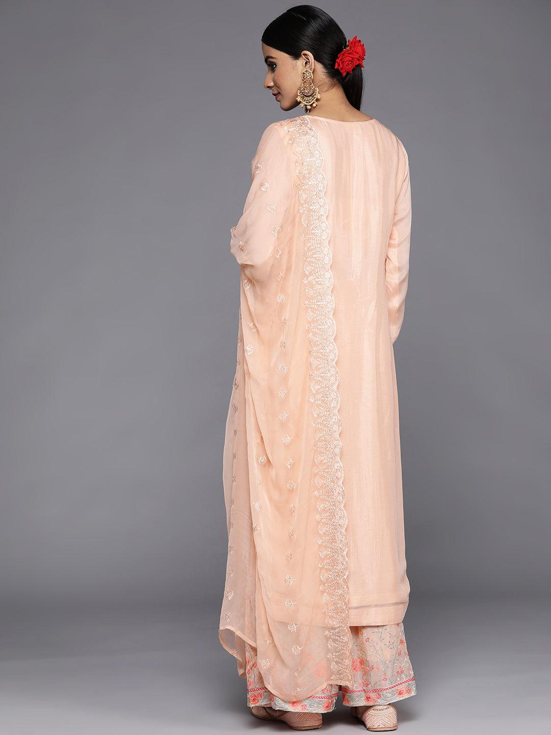 Peach Embroidered Poly Georgette Straight Suit Set - Libas
