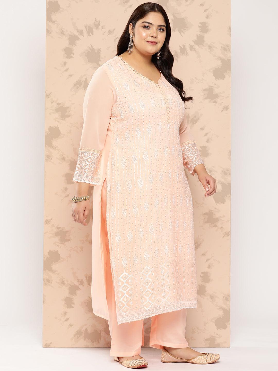 Peach Embroidered Georgette Straight Kurta With Trousers and Dupatta - Libas 
