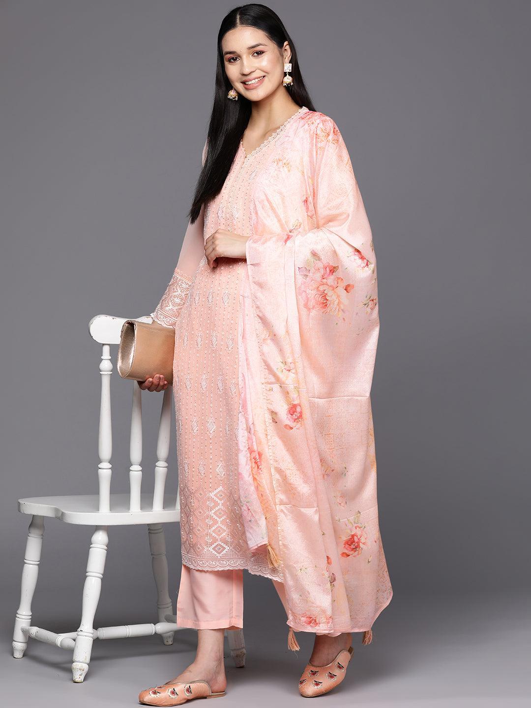 Peach Embroidered Georgette Straight Suit Set With Trousers - ShopLibas 