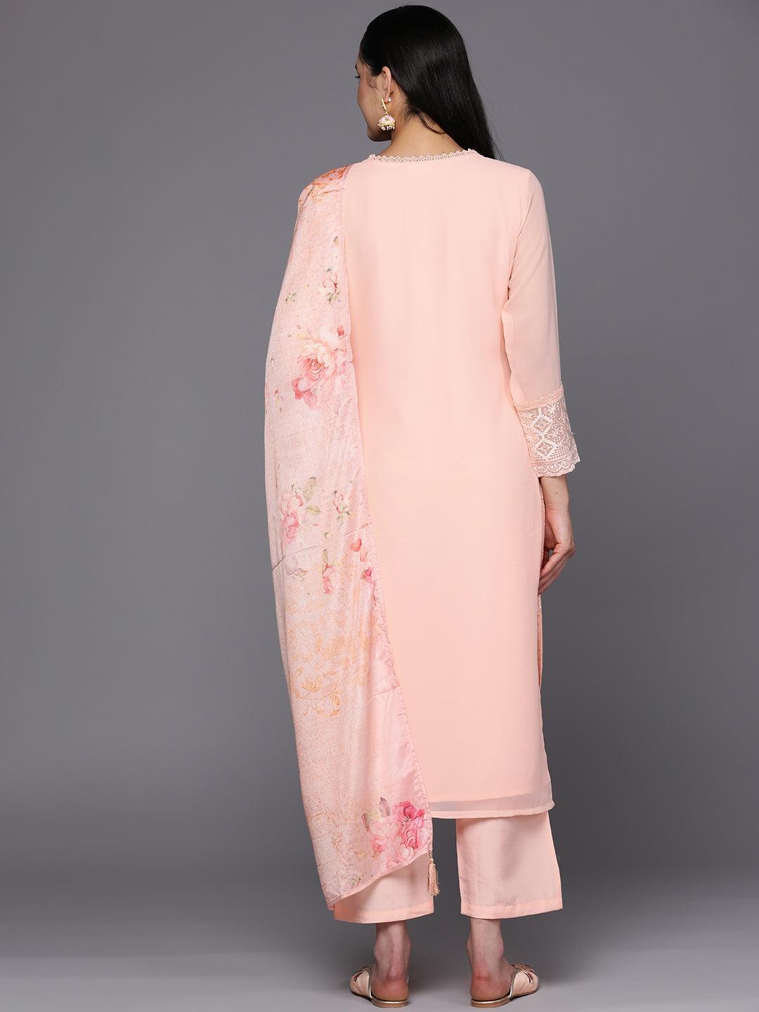 Peach Embroidered Georgette Straight Suit Set With Trousers - ShopLibas 
