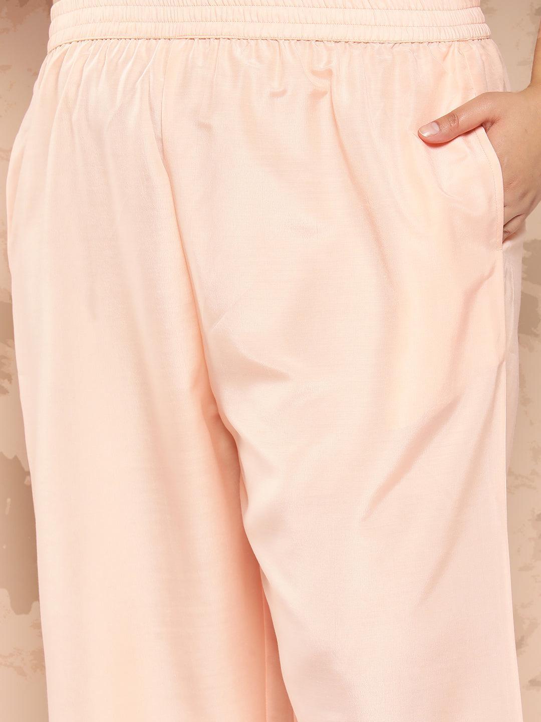 Peach Embroidered Georgette Straight Kurta With Trousers and Dupatta - Libas 