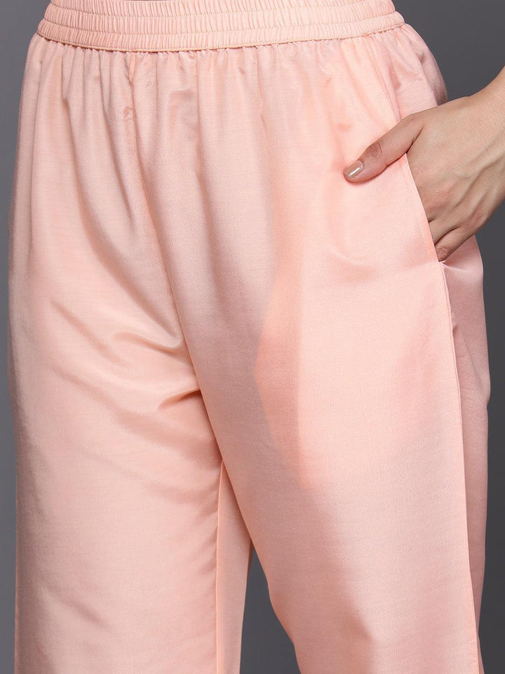 Peach Embroidered Georgette Straight Suit Set With Trousers