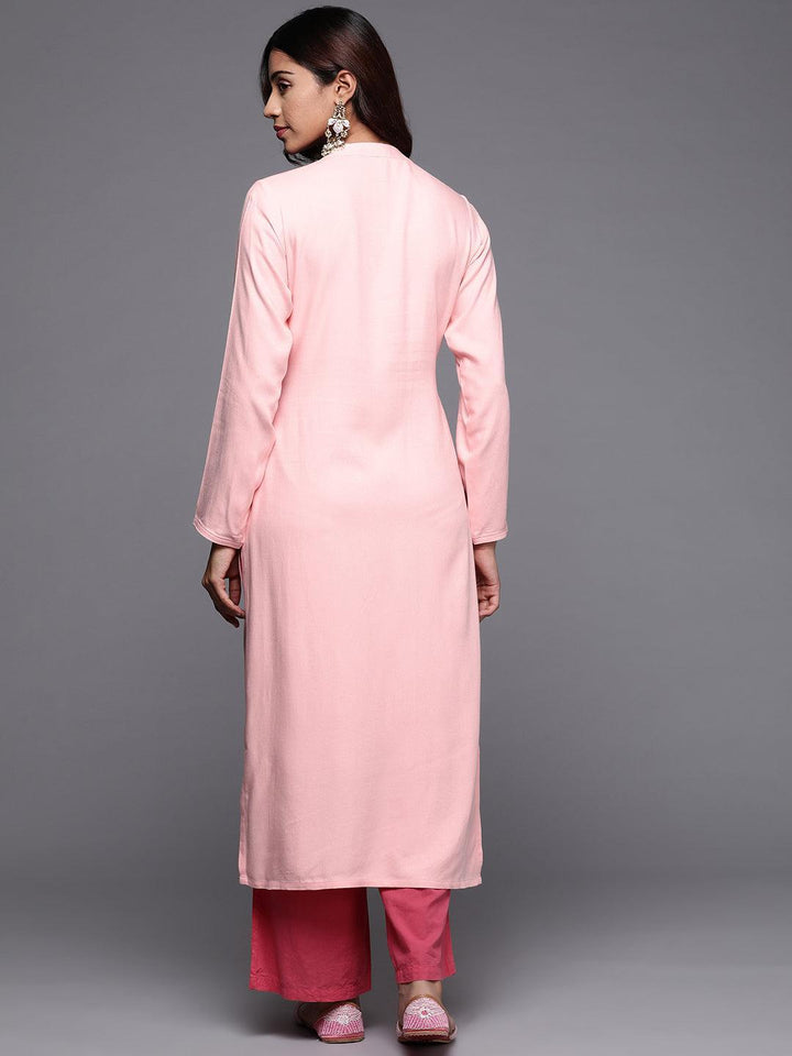 Peach Embroidered Pashmina Wool Straight Kurta - Libas