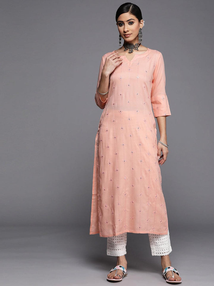 Peach Embroidered Rayon Kurta - ShopLibas