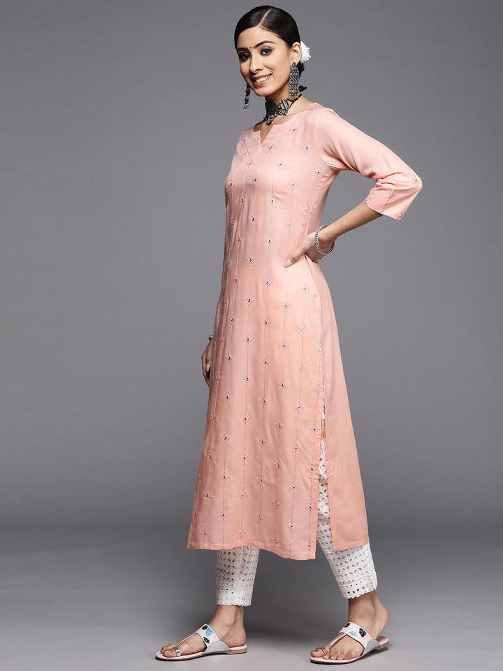 Peach Embroidered Rayon Kurta - ShopLibas