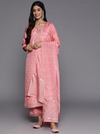 Peach Embroidered Silk Blend Suit Set With Trousers - ShopLibas