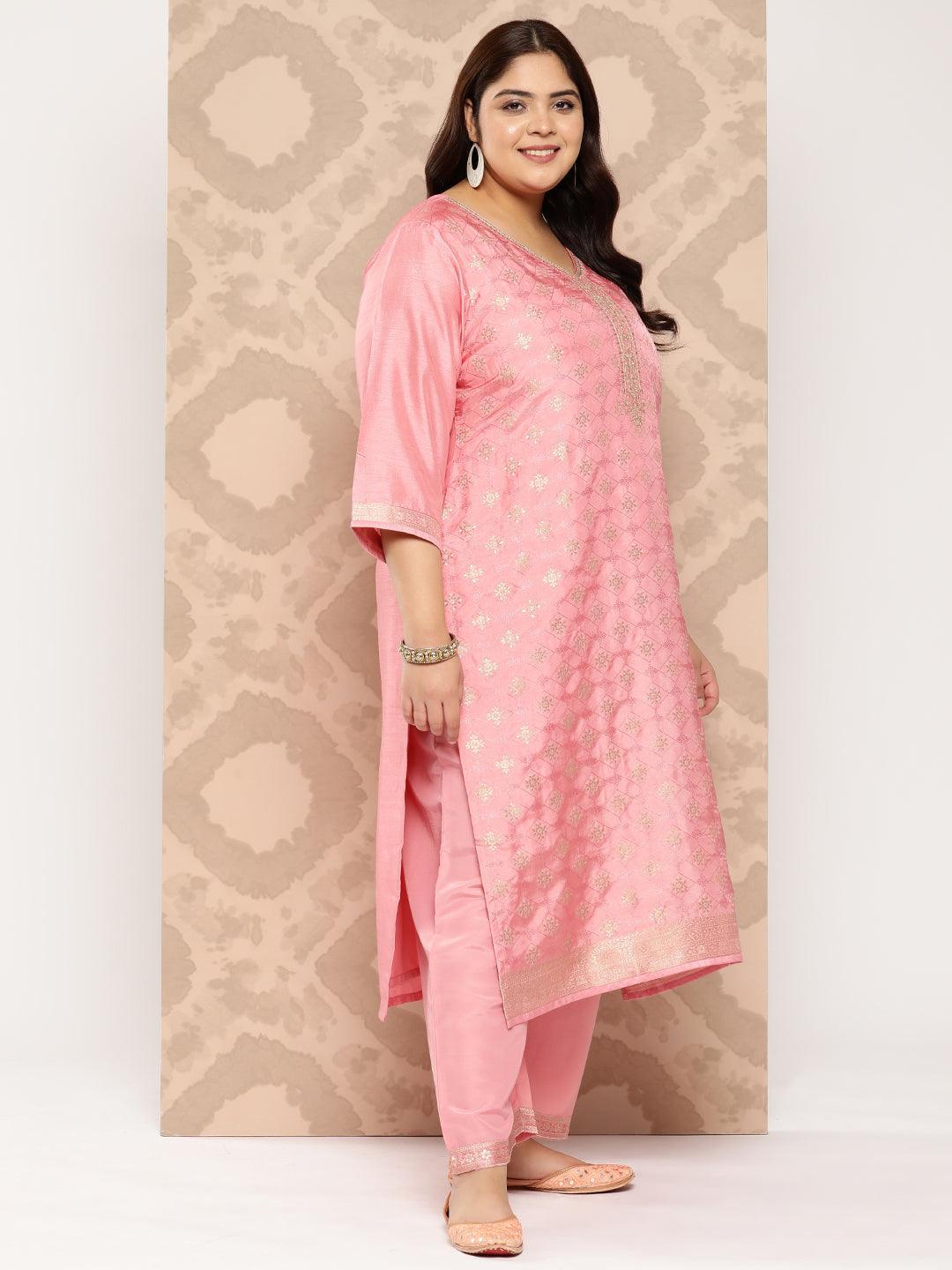 Peach Embroidered Silk Blend Straight Kurta With Trousers and Dupatta - Libas 