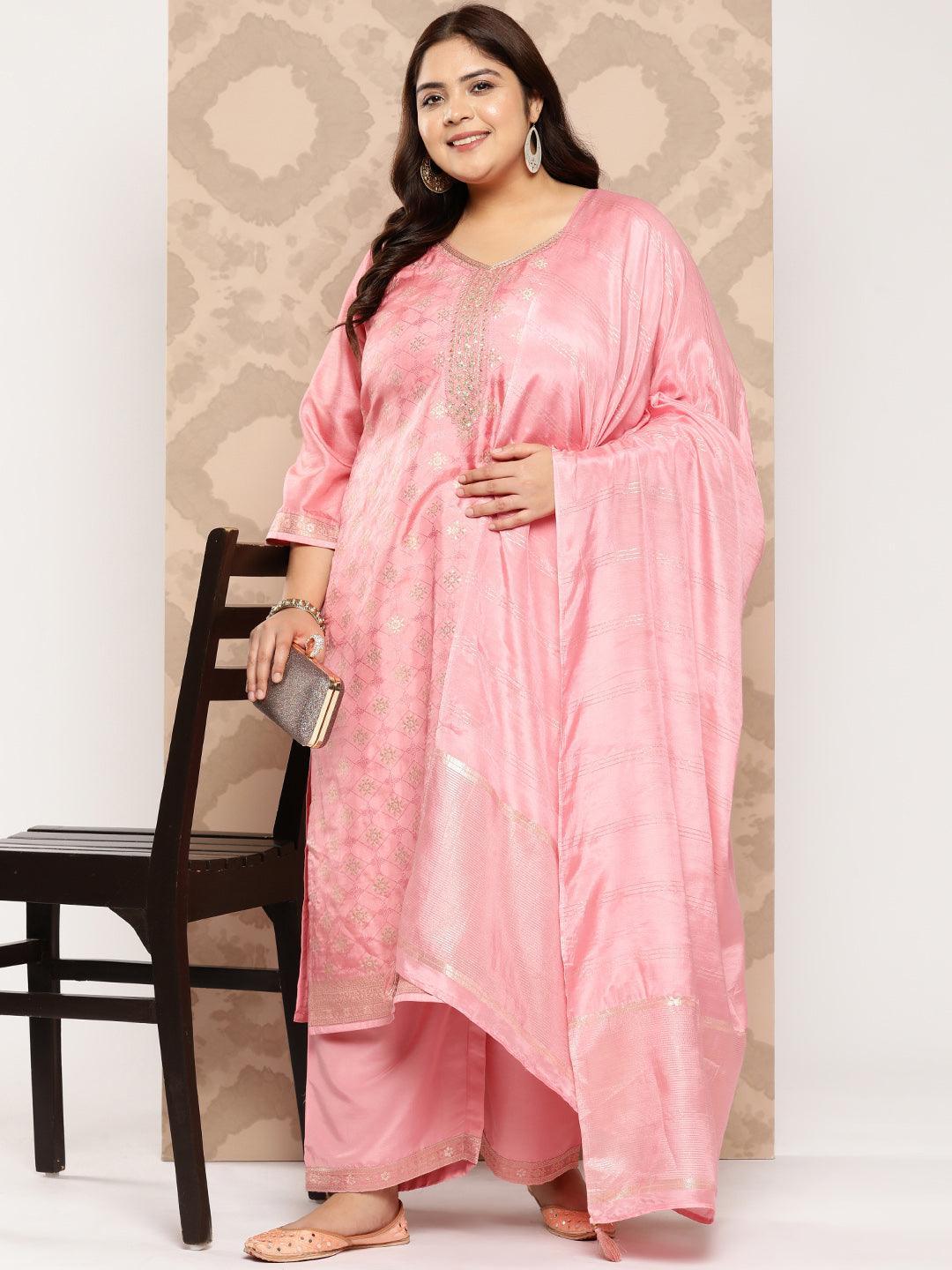 Peach Embroidered Silk Blend Straight Kurta With Trousers and Dupatta - Libas 