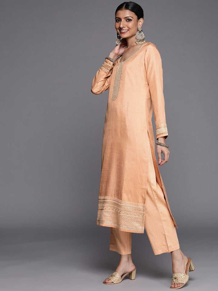 Peach Embroidered Silk Blend Straight Suit Set