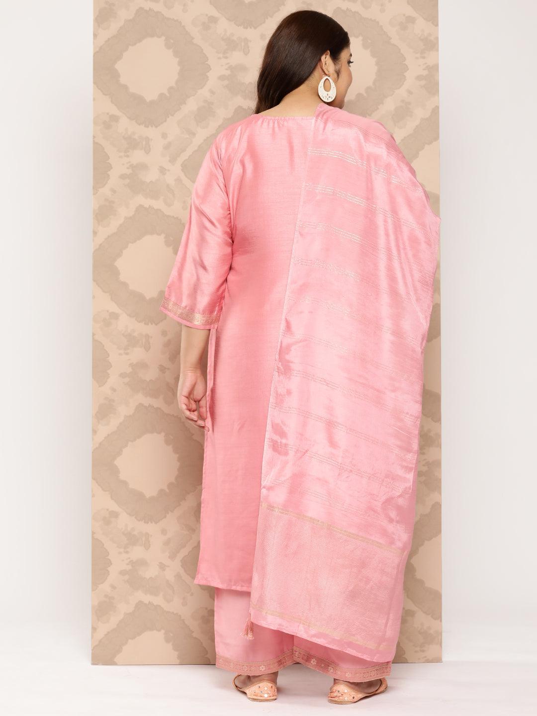 Peach Embroidered Silk Blend Straight Kurta With Trousers and Dupatta - Libas 