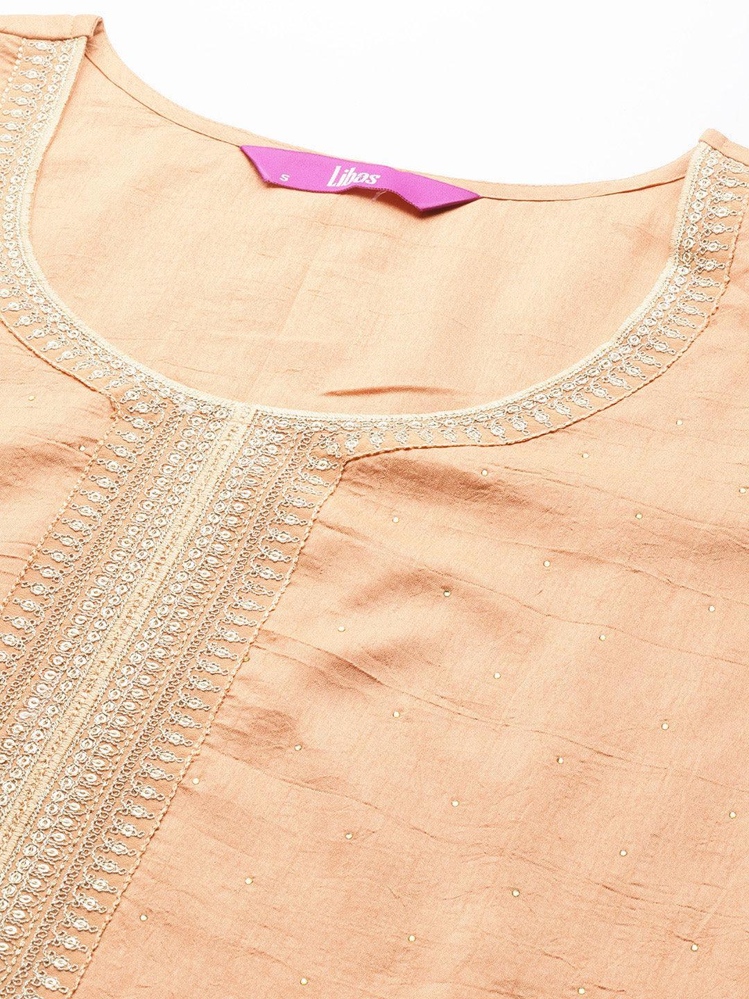 Peach Embroidered Silk Blend Straight Suit Set - ShopLibas 
