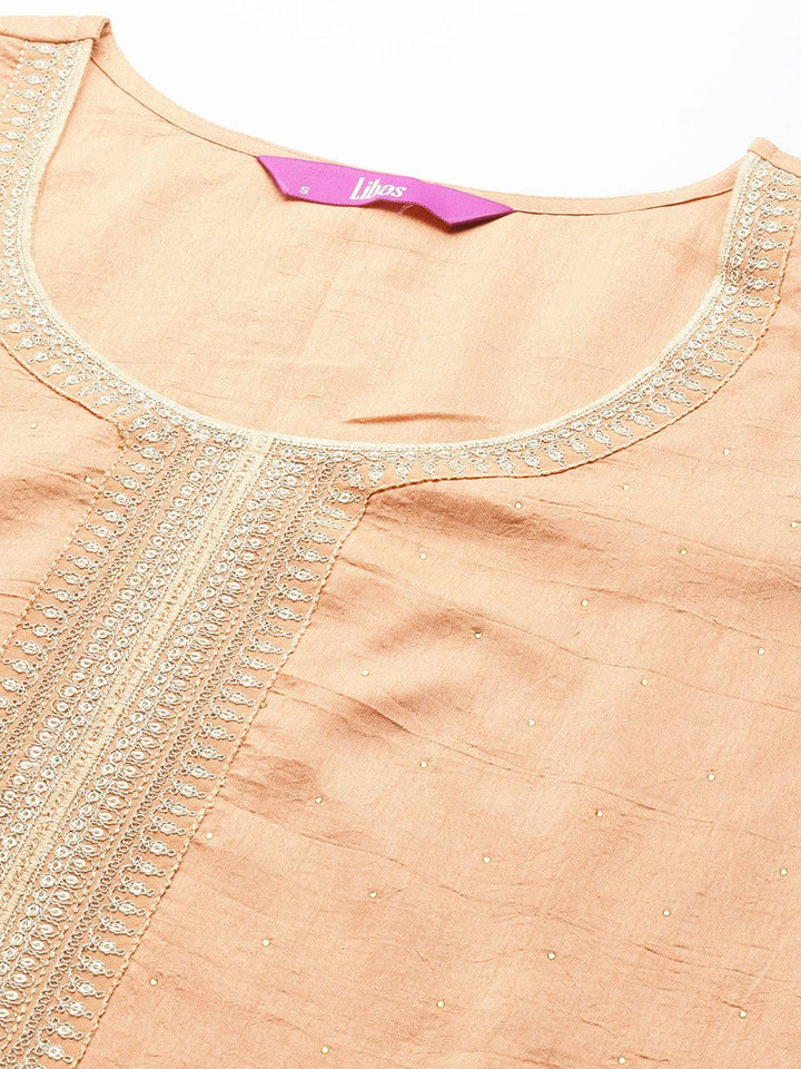 Peach Embroidered Silk Blend Straight Suit Set