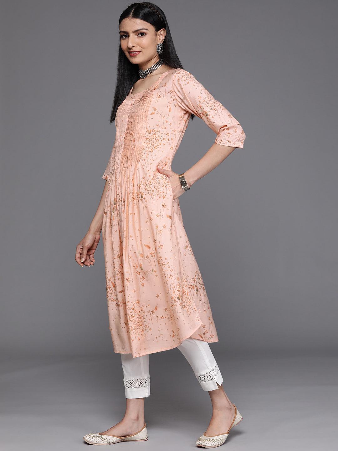 Peach Printed Chanderi Silk Kurta - ShopLibas