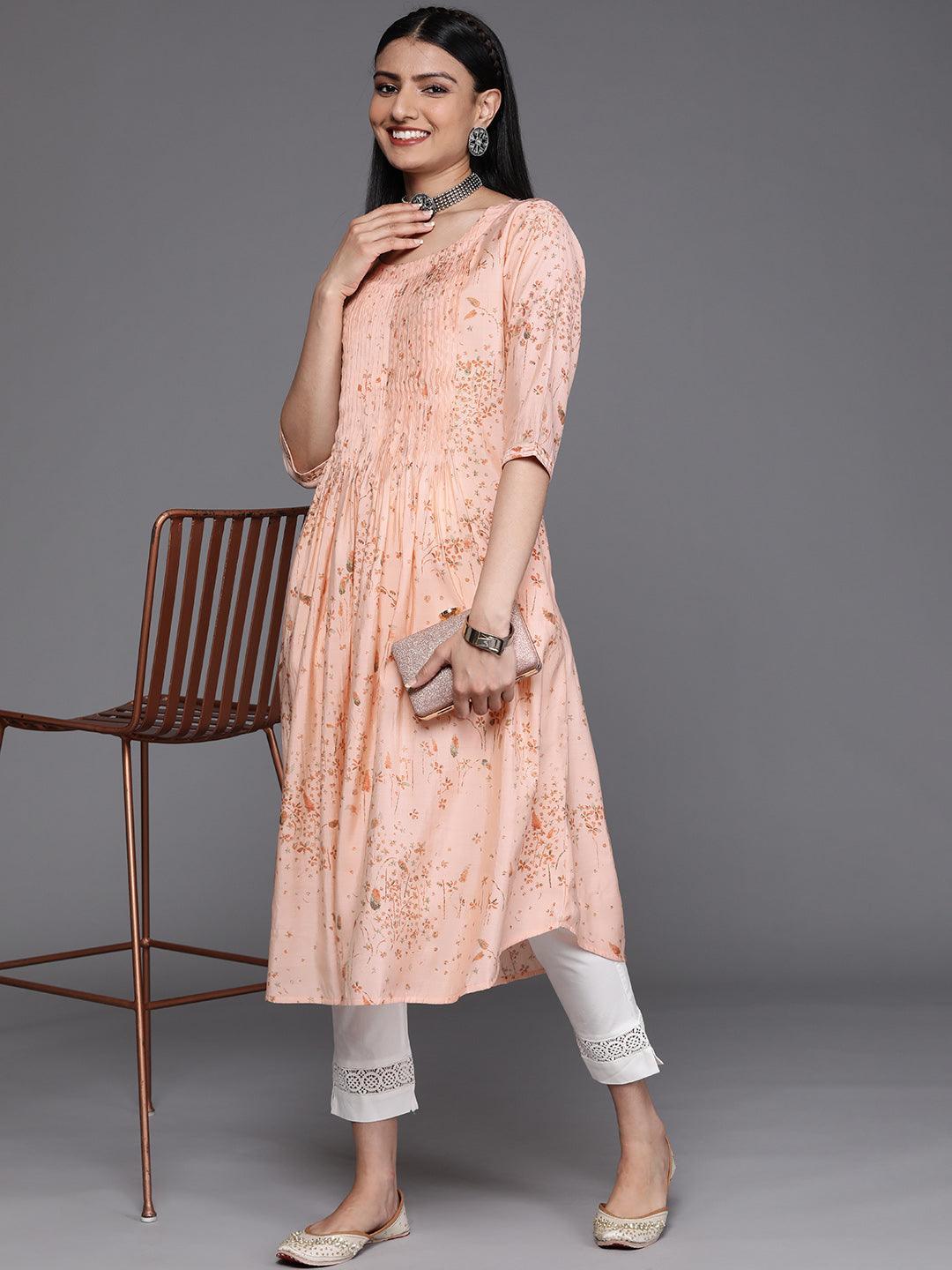 Peach Printed Chanderi Silk Kurta - ShopLibas
