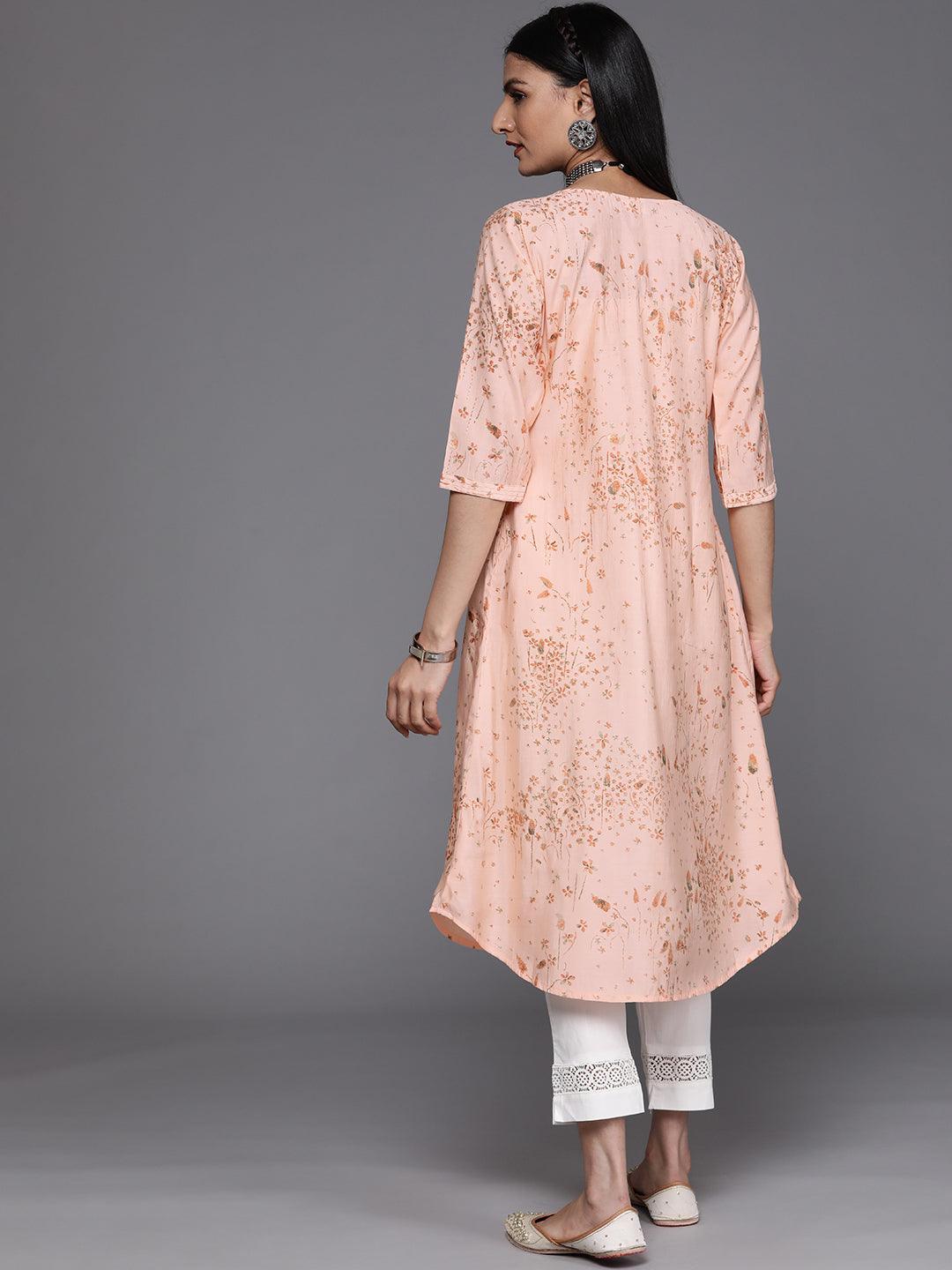 Peach Printed Chanderi Silk Kurta - ShopLibas