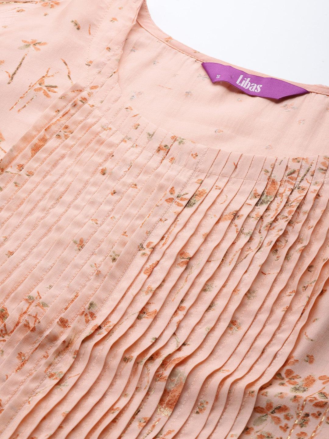 Peach Printed Chanderi Silk Kurta - ShopLibas