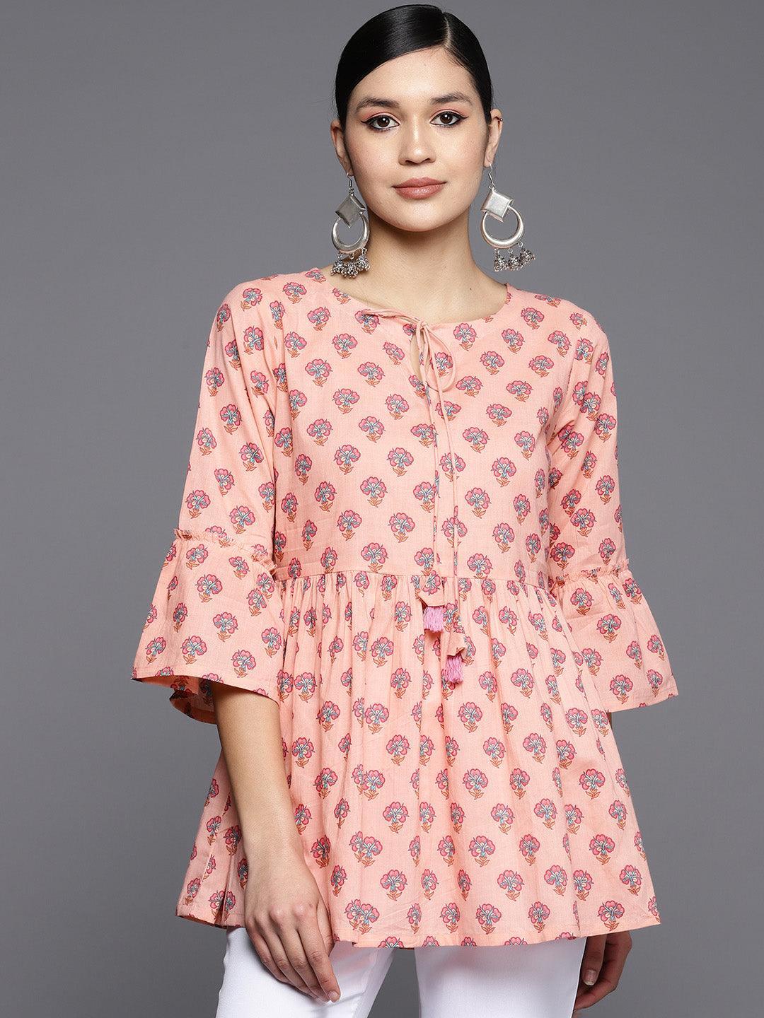 Peach Printed Cotton A-Line Kurti - ShopLibas