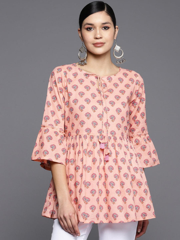 Peach Printed Cotton A-Line Kurti - ShopLibas