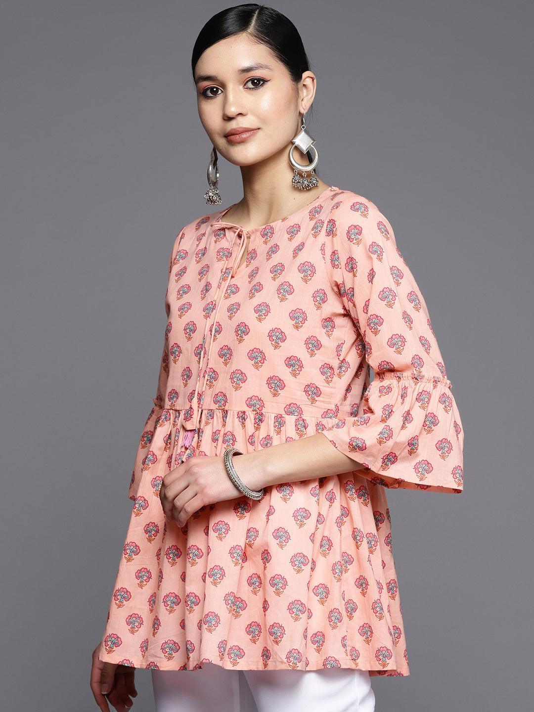 Peach Printed Cotton A-Line Kurti - ShopLibas