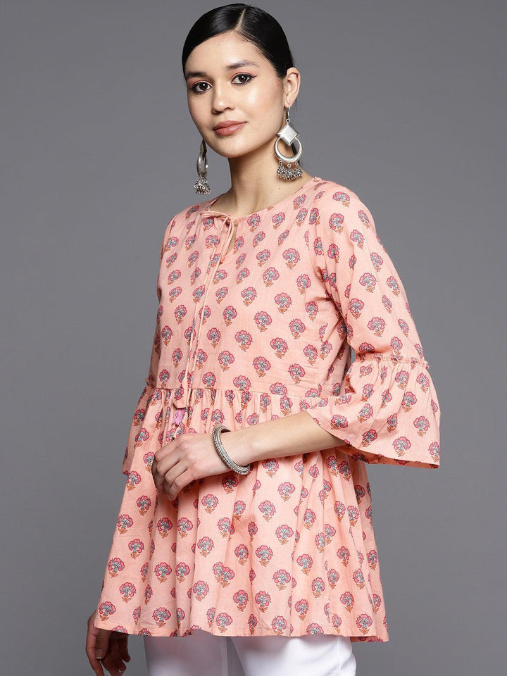 Peach Printed Cotton A-Line Kurti - ShopLibas
