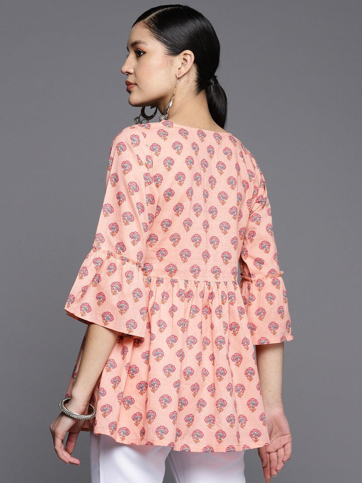 Peach Printed Cotton A-Line Kurti - ShopLibas