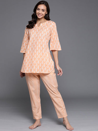 Peach Printed Cotton Night Suit - ShopLibas