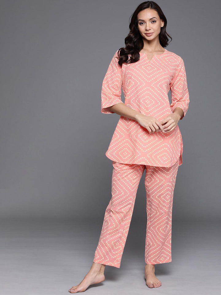Peach Printed Cotton Night Suit - ShopLibas
