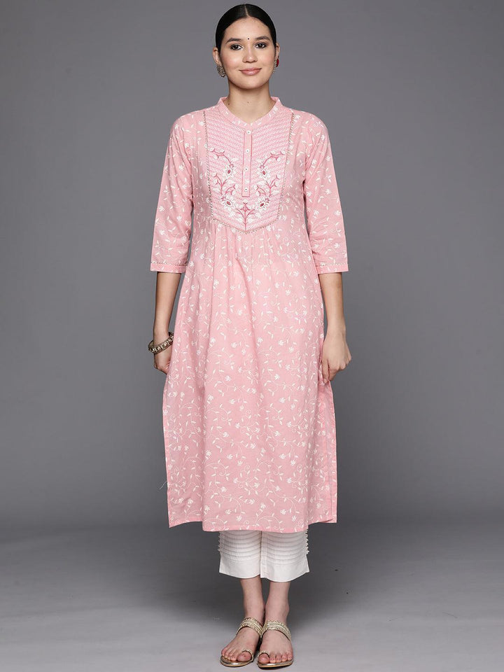 Peach Printed Cotton Straight Kurta