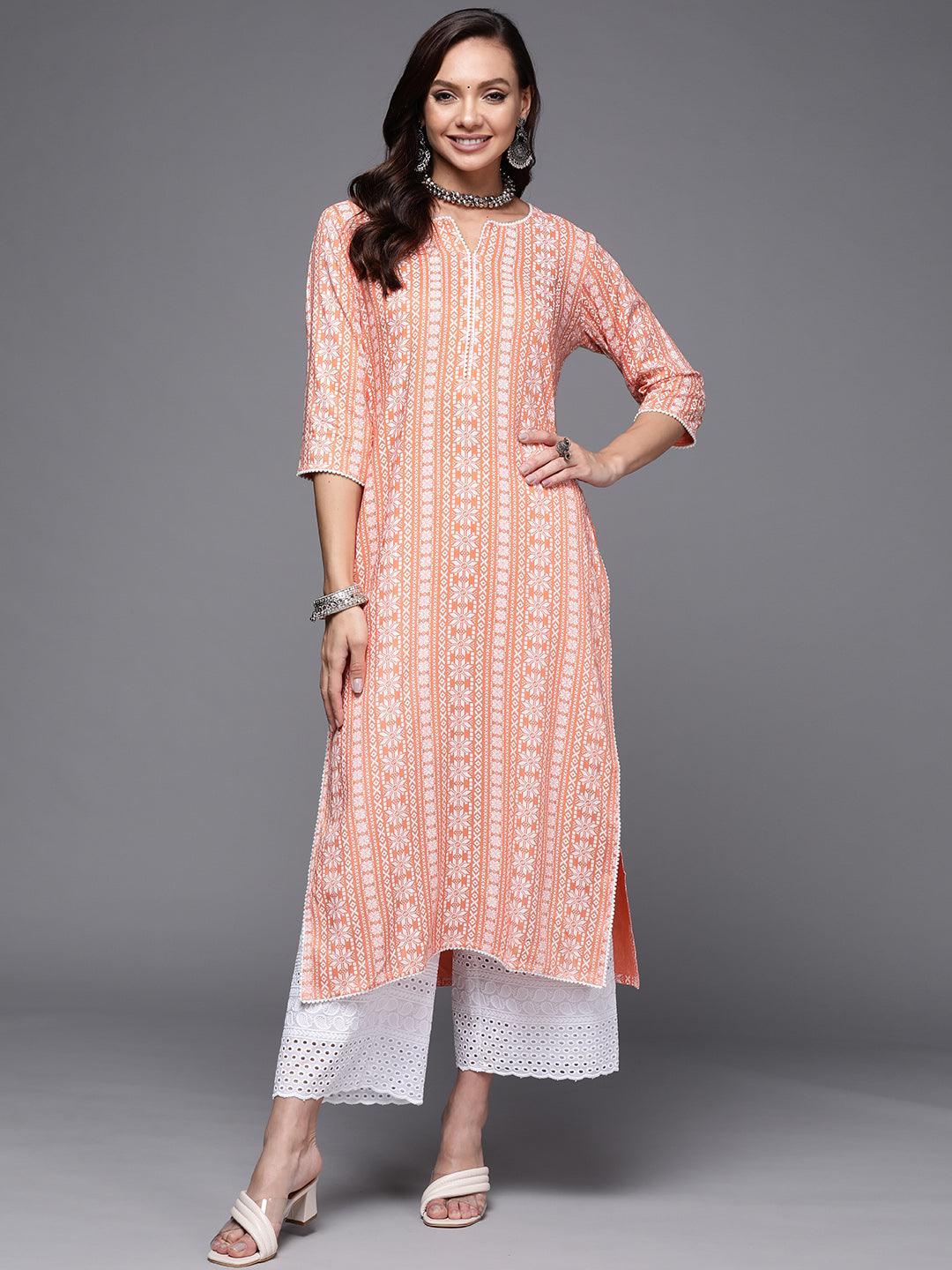 Peach Printed Cotton Straight Kurta - ShopLibas