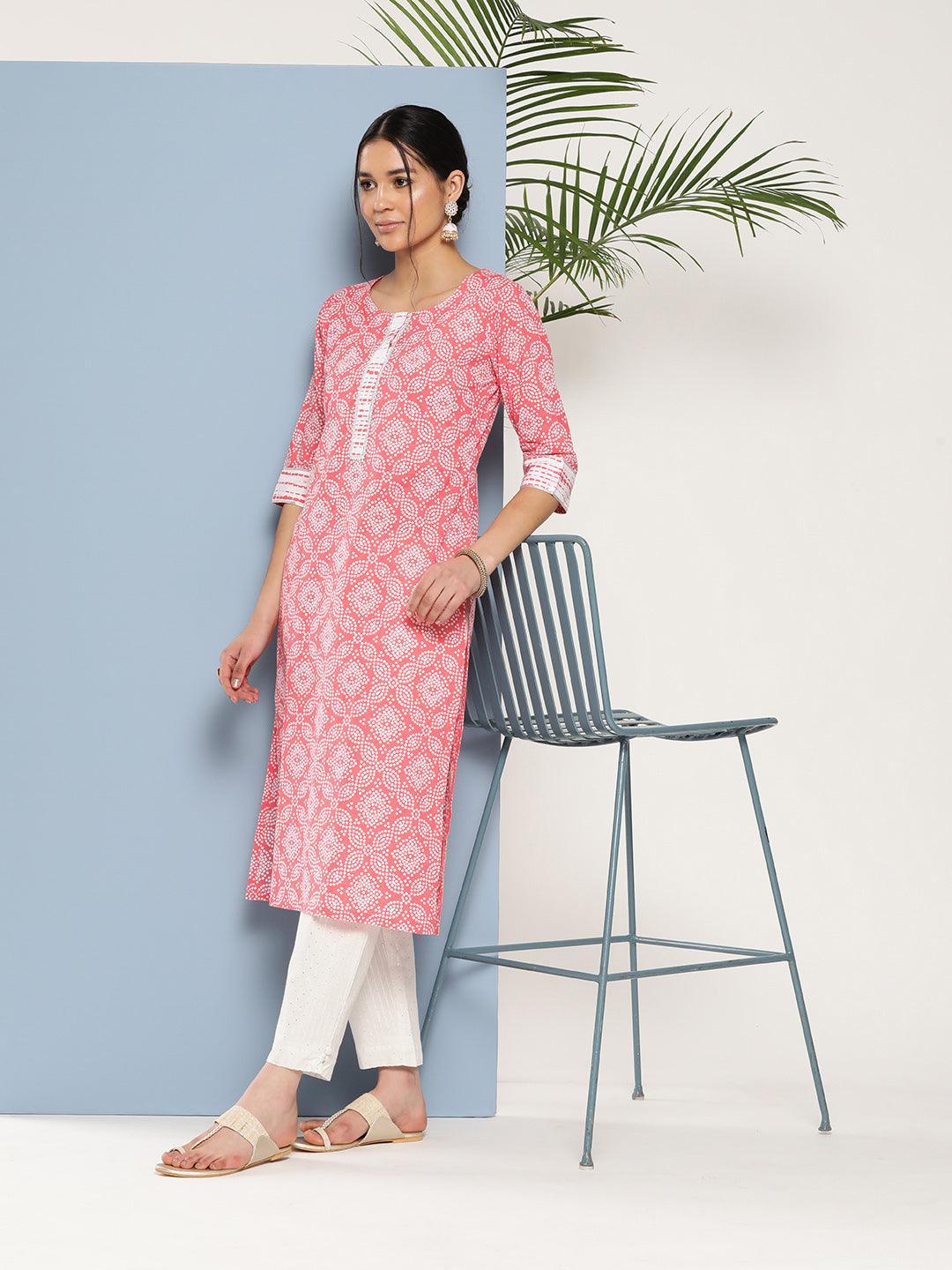 Peach Printed Cotton Straight Kurta - ShopLibas
