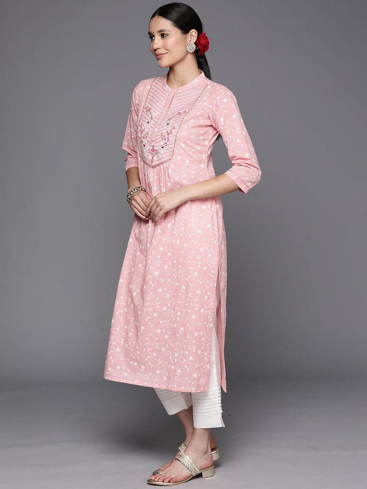 Peach Printed Cotton Straight Kurta