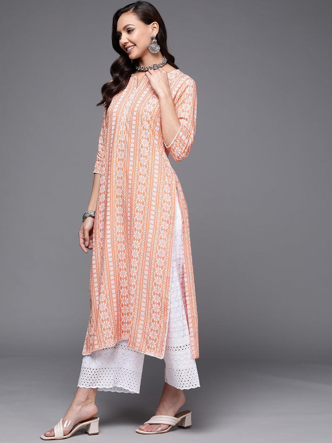 Peach Printed Cotton Straight Kurta - ShopLibas