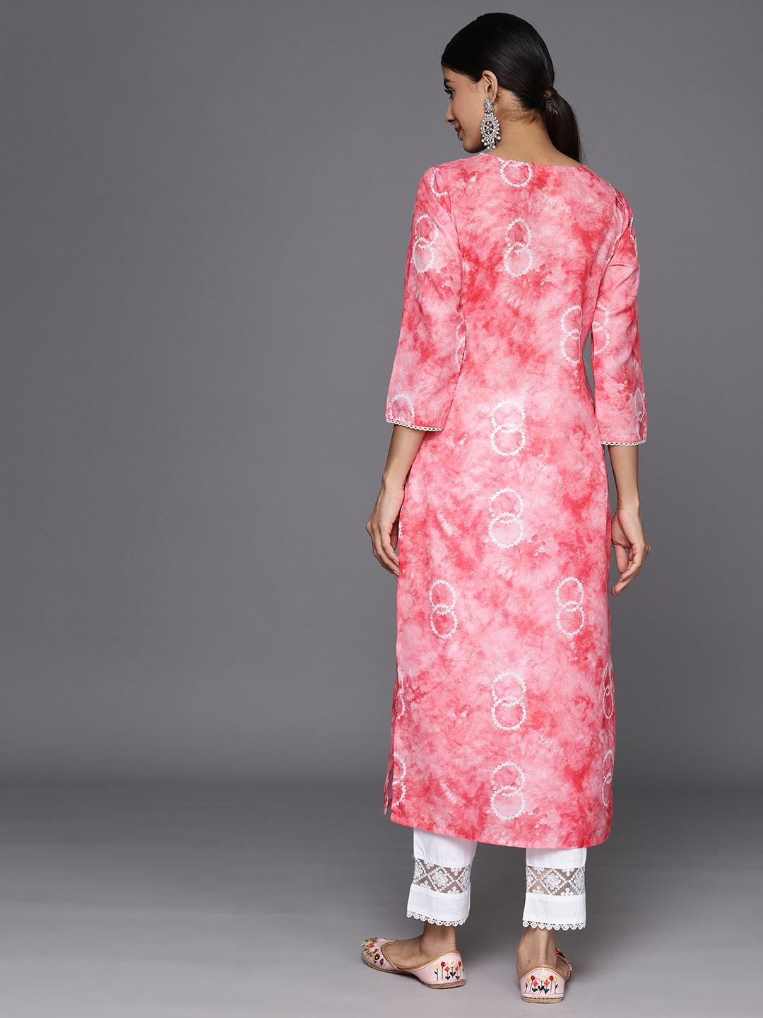 Peach Printed Cotton Straight Kurta - Libas 
