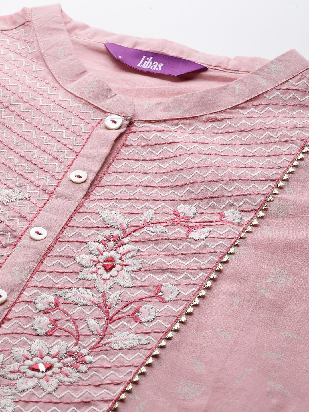 Peach Printed Cotton Straight Kurta - Libas 