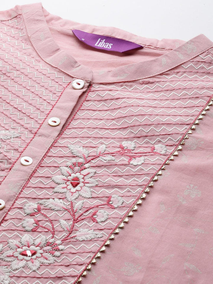 Peach Printed Cotton Straight Kurta