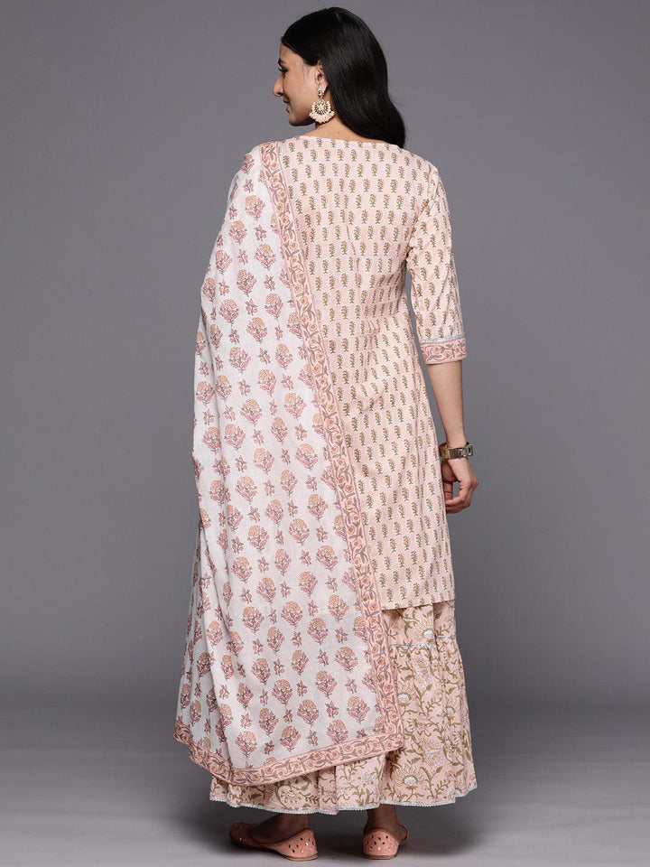 Peach Printed Cotton Straight Suit Set With Skirt