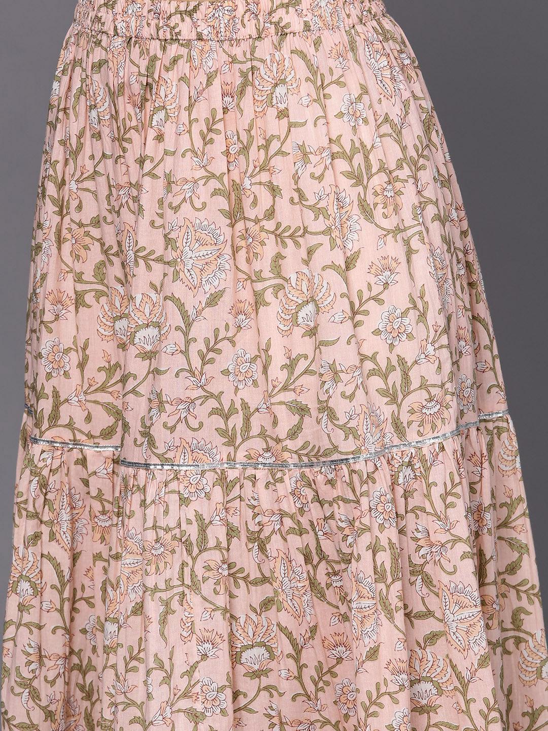 Peach Printed Cotton Straight Suit Set With Skirt - ShopLibas 