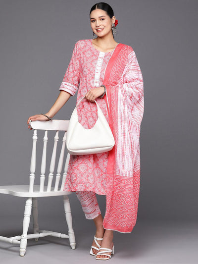 Peach Printed Cotton Straight Suit Set With Trousers - ShopLibas