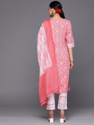 Peach Printed Cotton Straight Suit Set With Trousers - ShopLibas