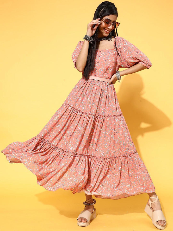 Peach Printed Georgette Dress - ShopLibas