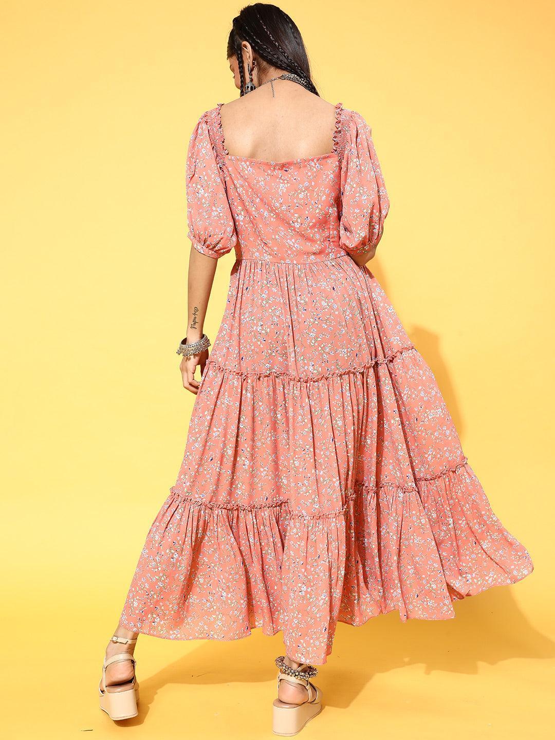 Peach Printed Georgette Dress - ShopLibas