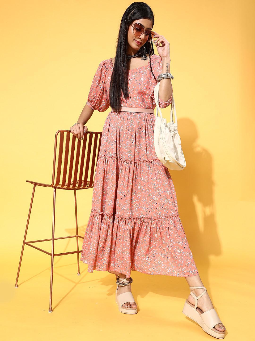Peach Printed Georgette Dress - ShopLibas