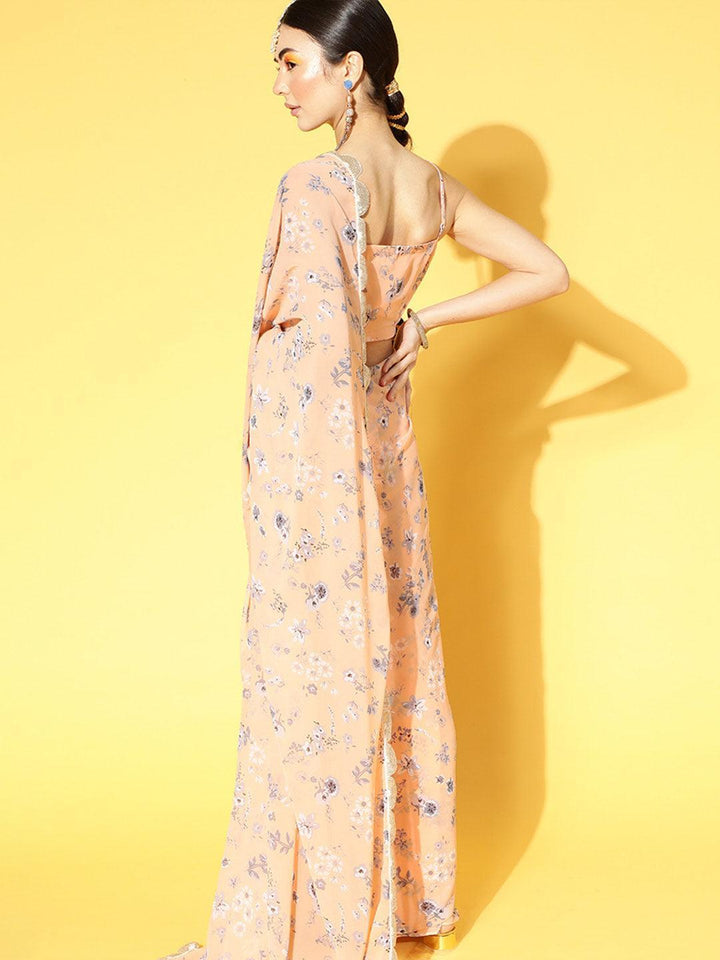 Peach Printed Georgette Saree - ShopLibas