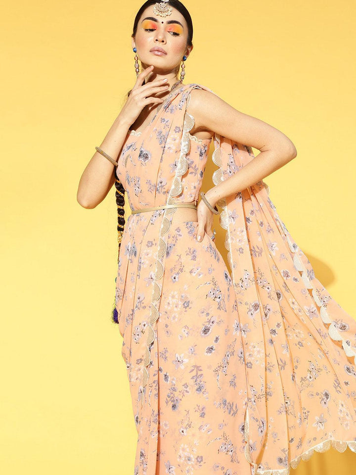 Peach Printed Georgette Saree - ShopLibas