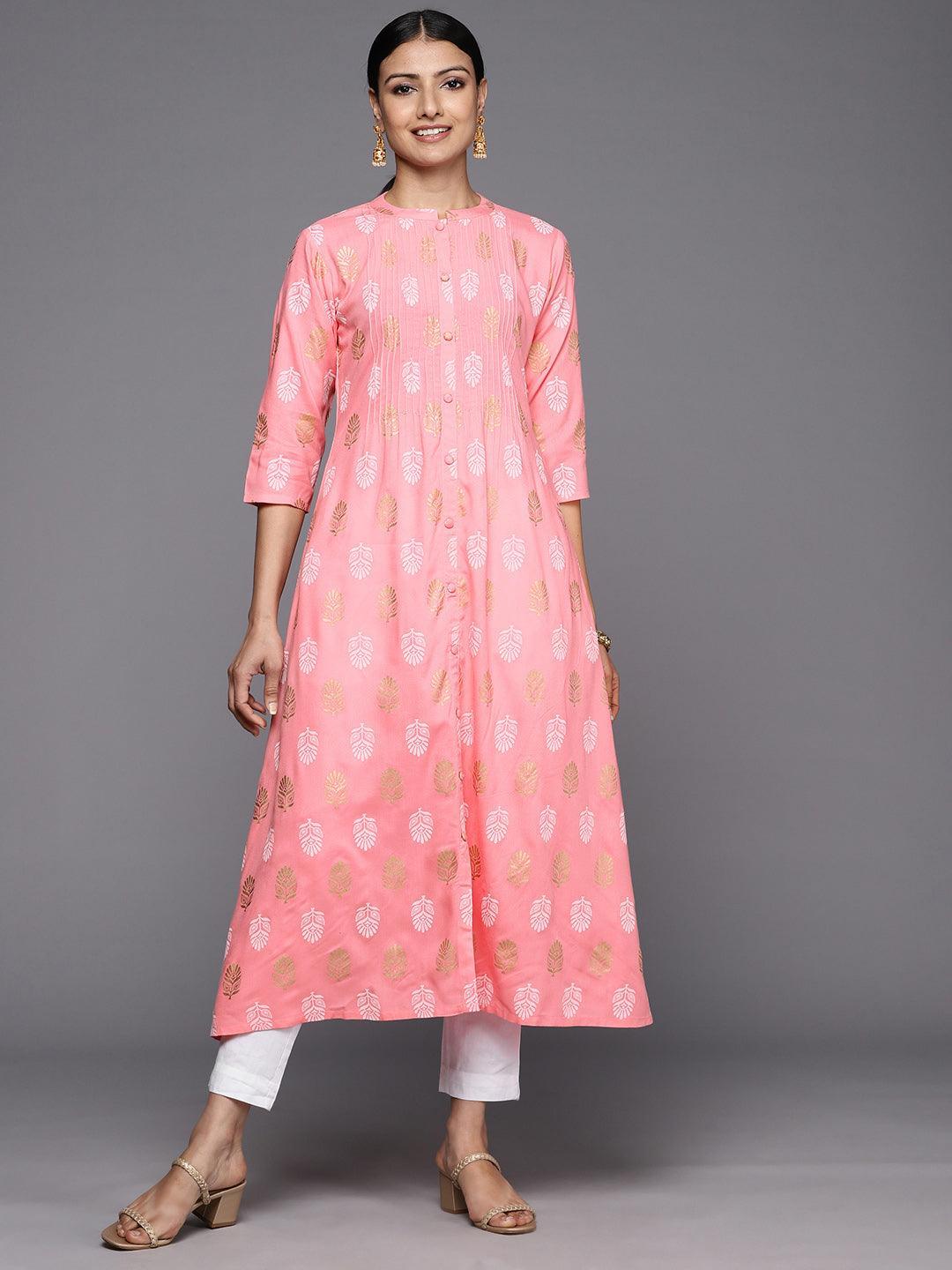 Peach Printed Rayon A-Line Kurta - ShopLibas