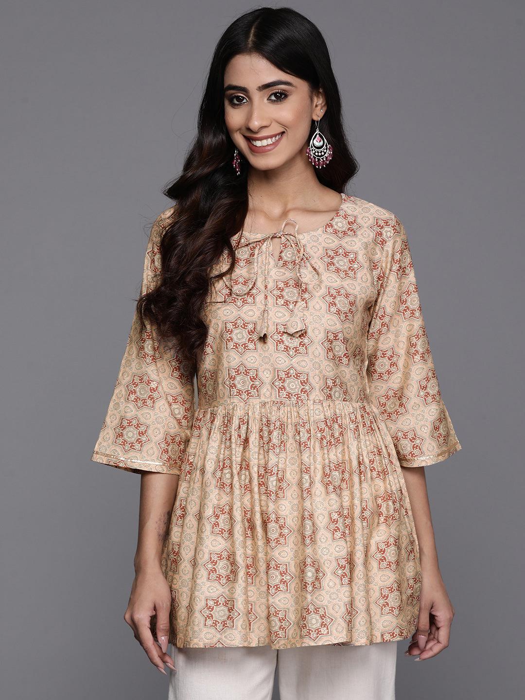 Peach Printed Silk Blend A-Line Kurti - Libas