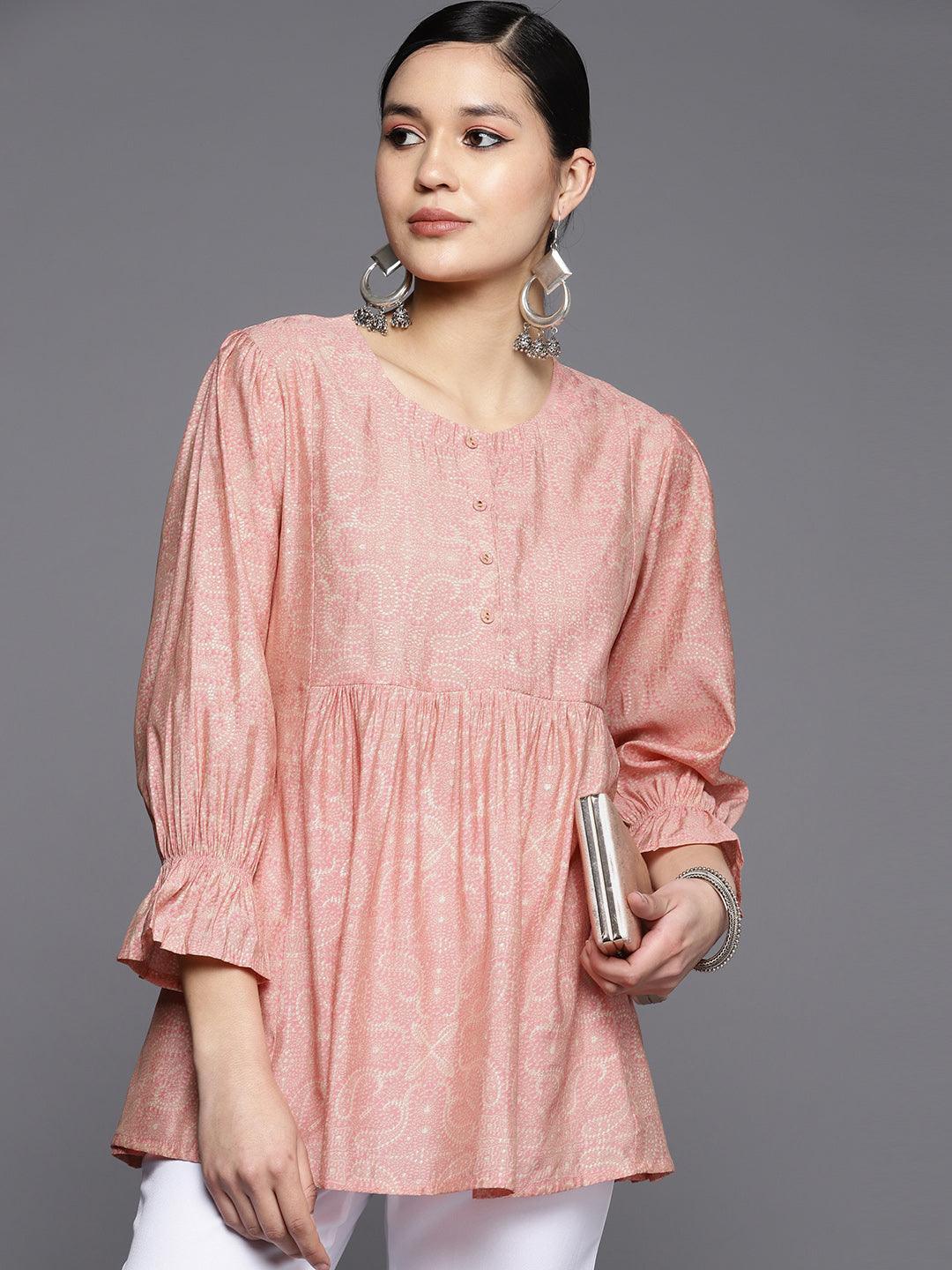 Peach Printed Silk Blend A-Line Kurti - ShopLibas