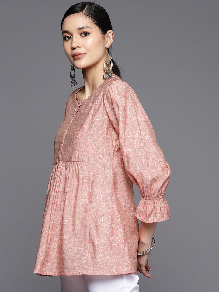 Peach Printed Silk Blend A-Line Kurti - ShopLibas