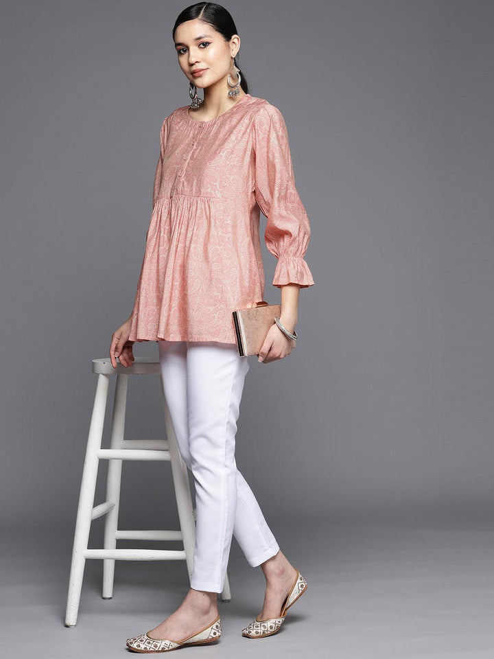 Peach Printed Silk Blend A-Line Kurti - ShopLibas