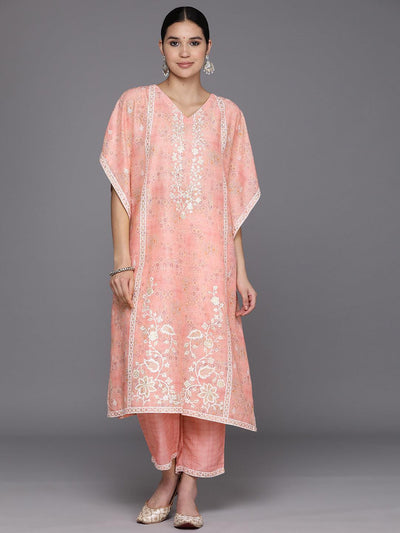 Peach Printed Silk Blend Kaftan Kurta Set With Trousers - Libas